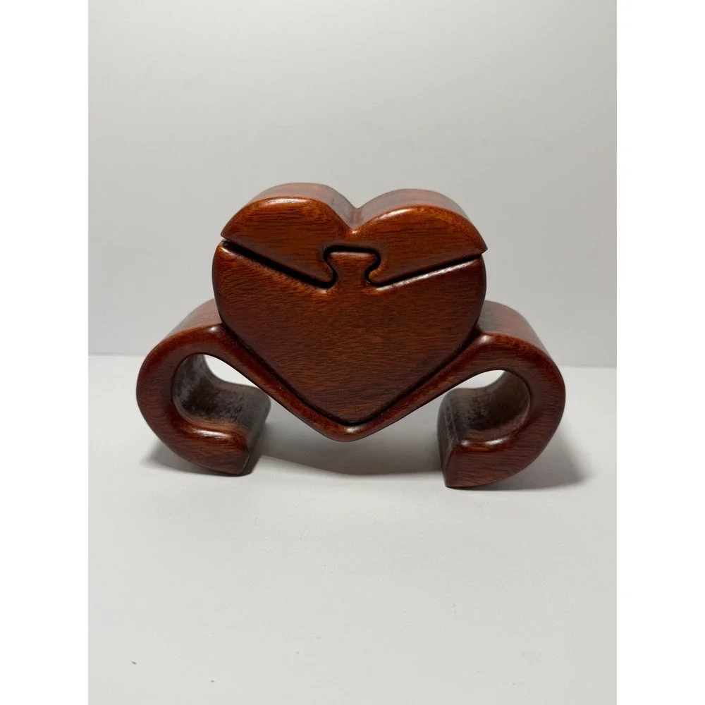 Handcrafted Heart Wooden Secret Puzzle Box Decorative Jewelry Trinket Case Brown